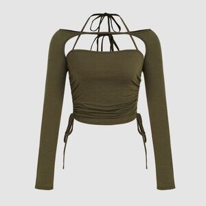 NEVER WORN Cider Green SOLID HALTER BODYCON DRAWSTRING TOP Women’s S